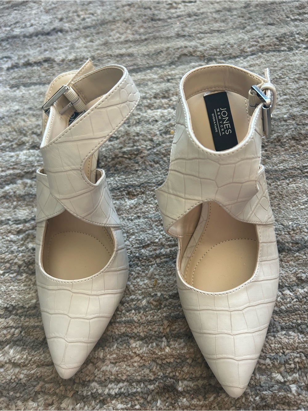 Jones New York Croc-Embossed Pointed Ankle-Strap Pumps in Cream